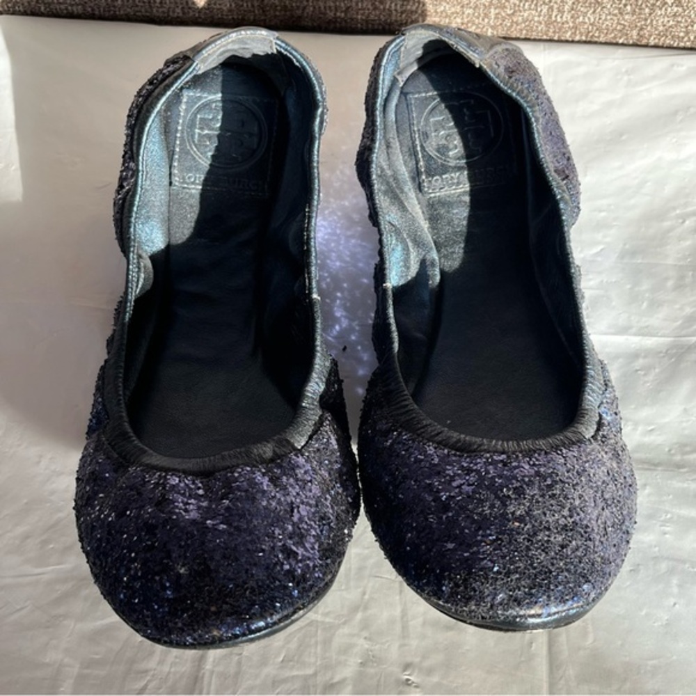 Tory Burch‎ Blue Sparkle Ballet Flats Womens Size 7.5 Leather Sole Slip On Logo